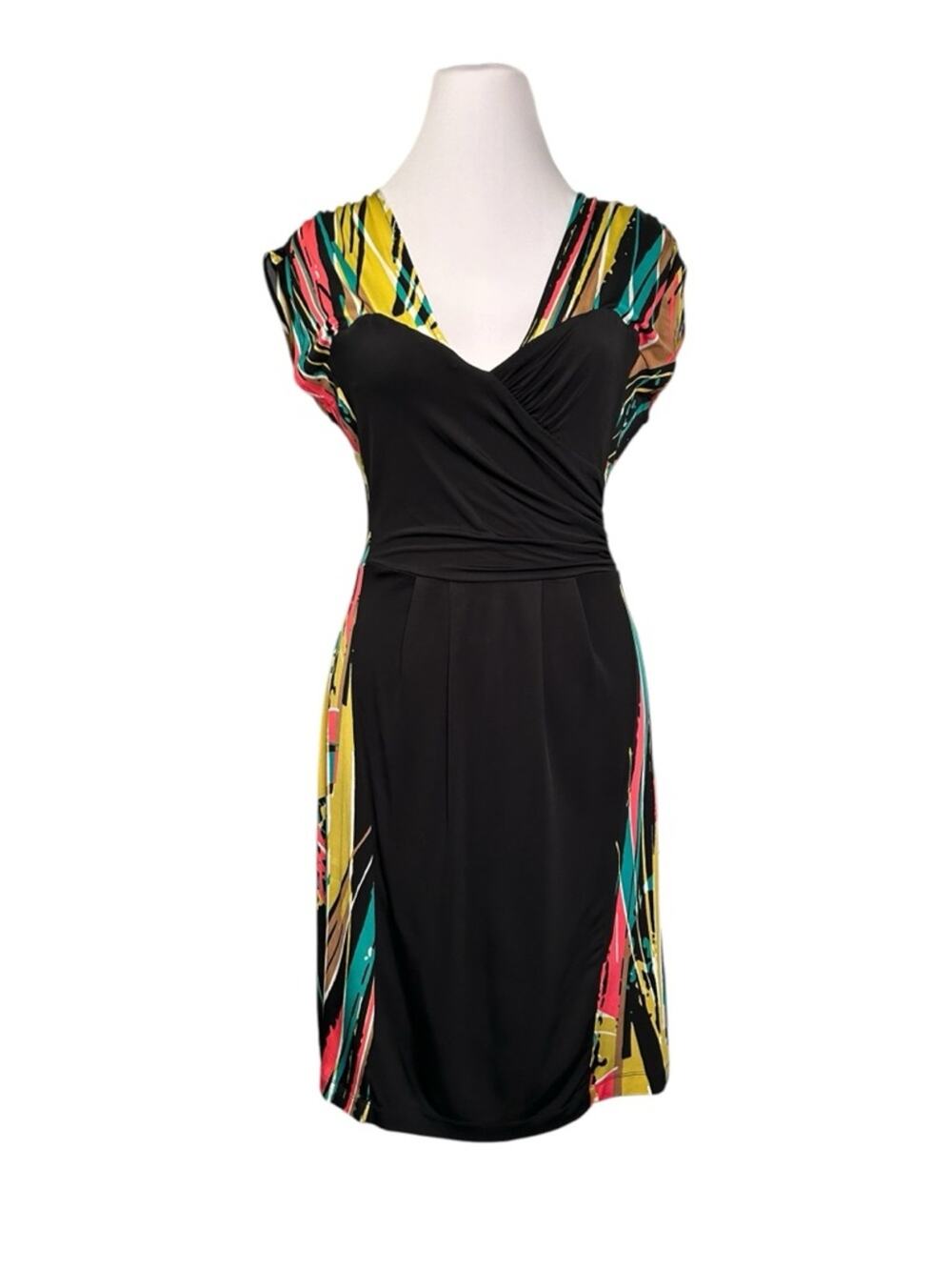 BCBGMaxAzria Dress Size XS Black w/ Multicolor Abstract Print Ruched Front